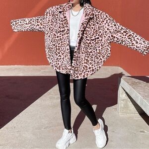 NWT XEXYMIX Pink/Brown Leopard Pattern Fur jacket